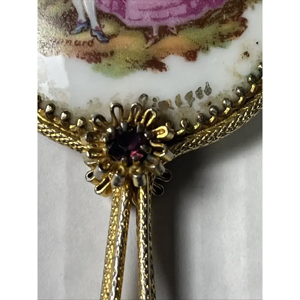 Vintage Hand Held Mirror Courting Couple Fragonard Limoges Mini Victorian & Ruby